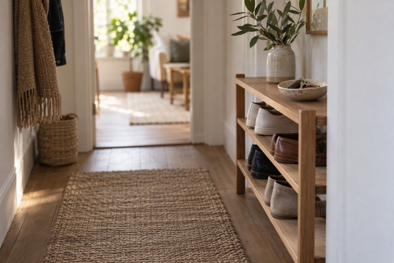 A hallway with a narrow shoe rack holding pairs beside a bowl for keys