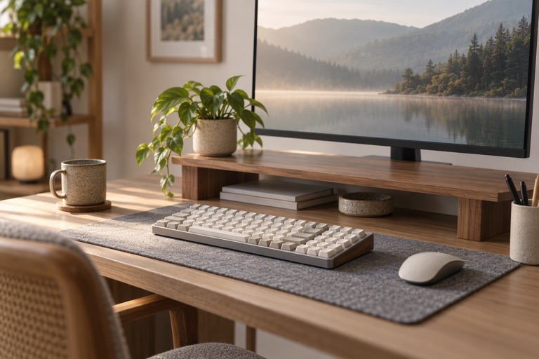 A desk with a wooden monitor riser, a keyboard on a mat and a small plant
