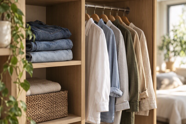 A wardrobe with folded jeans on a shelf and hanging shirts on a rail