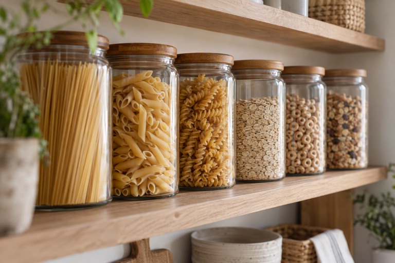 A pantry shelf with glass jars of pasta and cereals labelled in a row