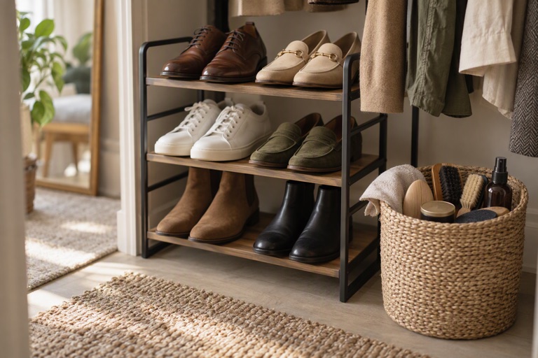 A closet with shoes on a tiered rack beside a basket of shoe care items
