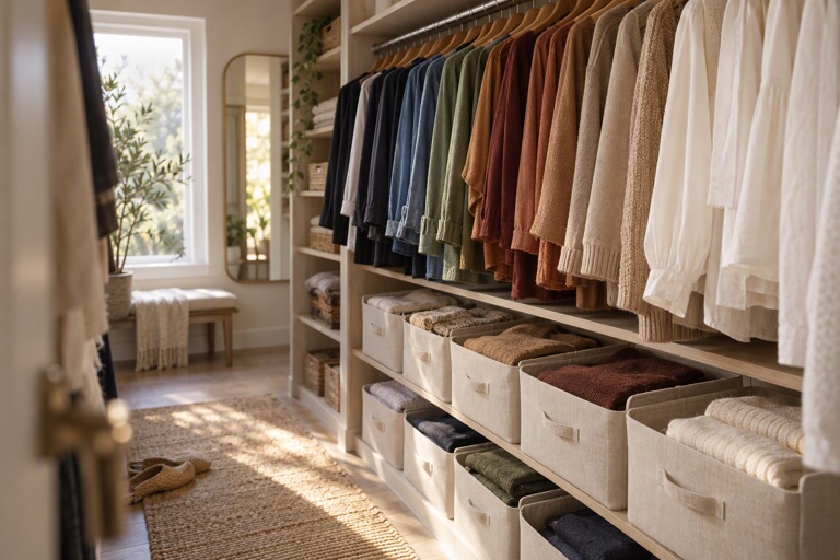 A walk-in closet with colour-grouped clothes on a rail and folded stacks in canvas bins