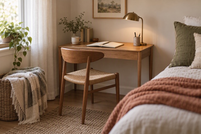 A small desk in a bedroom corner with a lamp, a notebook and a folded throw nearby