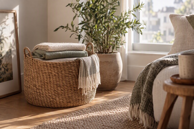 A calm small apartment corner with a woven storage basket, folded textiles and a plant by a window