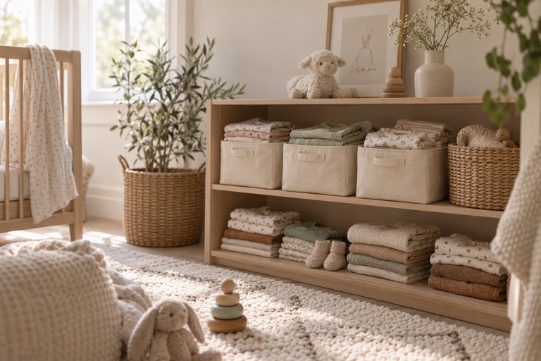 A calm nursery with a low shelf of folded baby clothes in canvas bins and a woven basket