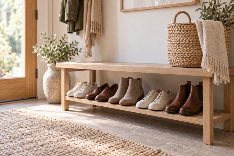 An entryway shoe rack with pairs of shoes neatly arranged on a light wooden bench beside a woven basket