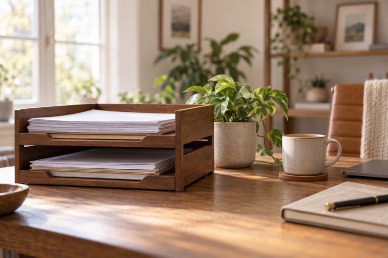A home office with a wooden document tray holding neat stacks of paper beside a small plant and a mug