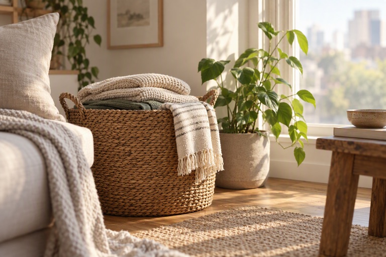 A calm small apartment corner with a woven storage basket, folded textiles and a plant by a window