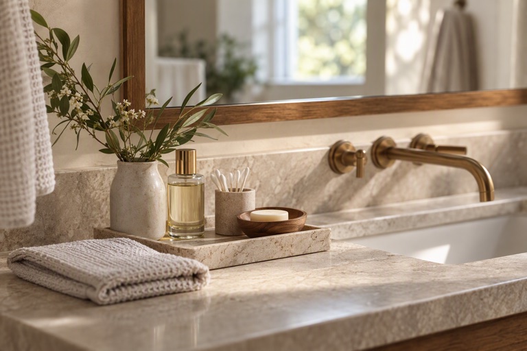 A bathroom mirror area with a small tray of toiletries and a folded hand towel