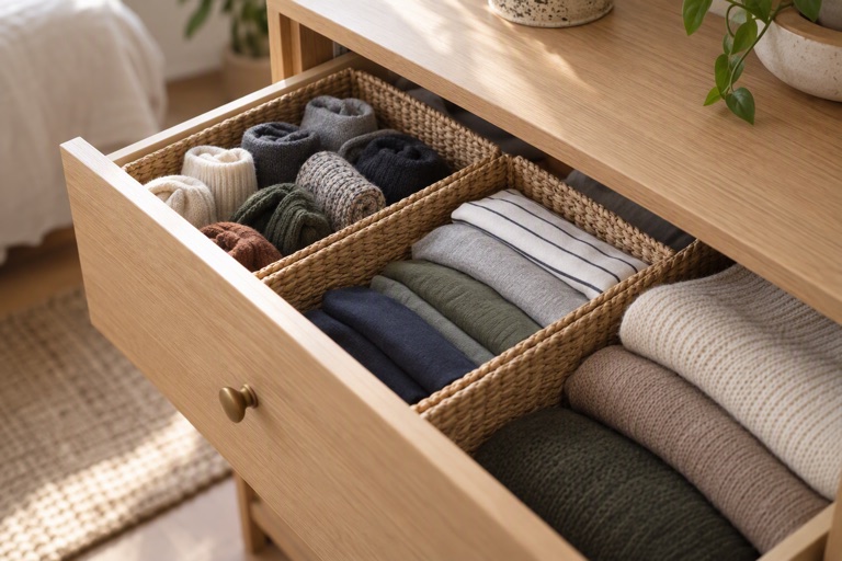 An open dresser drawer with woven dividers separating rolled socks and folded clothes