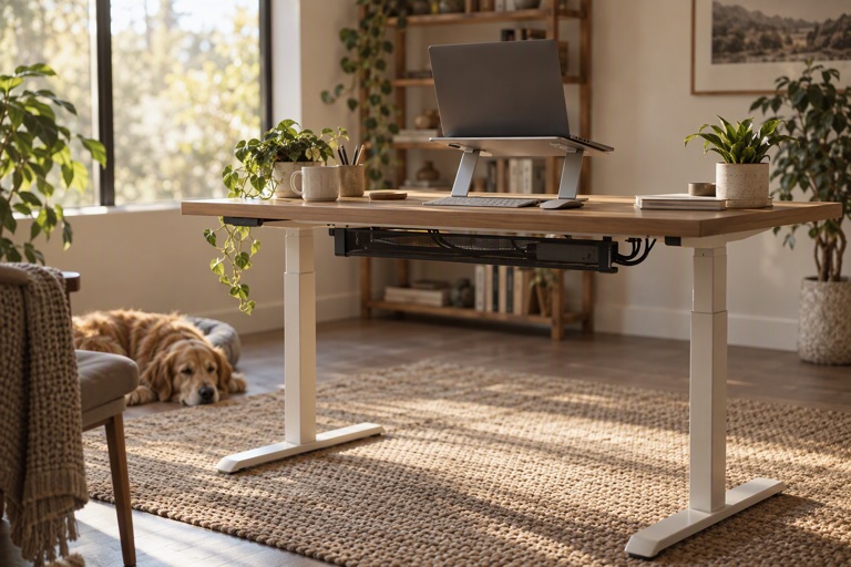 A standing desk with a laptop raised, a mat beneath and a cable tray, warm daylight