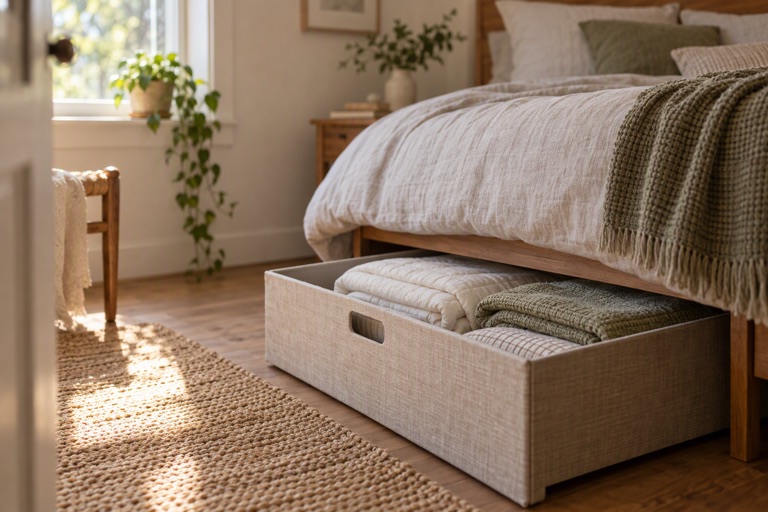 A small bedroom with an under-bed storage box holding folded bedding