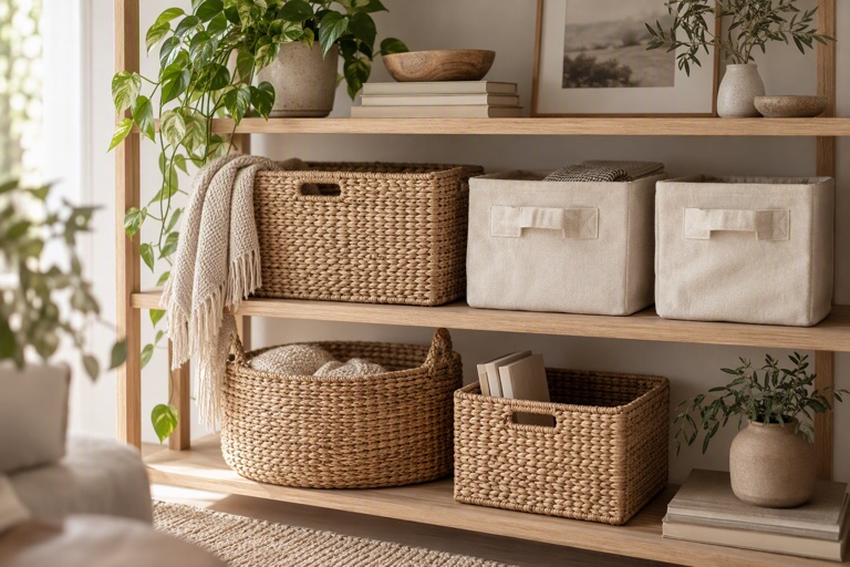 A styled light wooden shelf with woven storage baskets and canvas bins in warm neutral tones