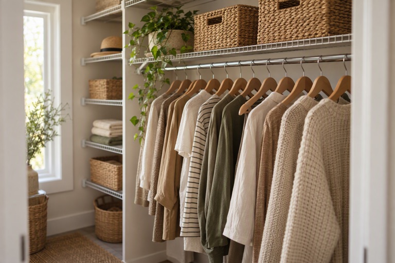 A closet with wire shelving holding woven baskets and a rail of neatly spaced hangers