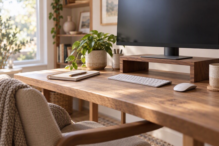 A home office desk with a monitor raised on a wooden stand, a neat notebook and a small plant