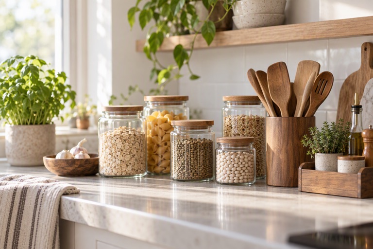 A bright kitchen counter with glass jars of dry goods, a wooden utensil holder and a small caddy