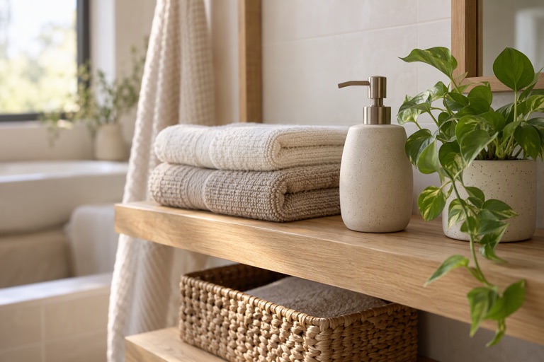 A clean bathroom shelf with neatly folded towels, a ceramic soap dispenser and a small green plant