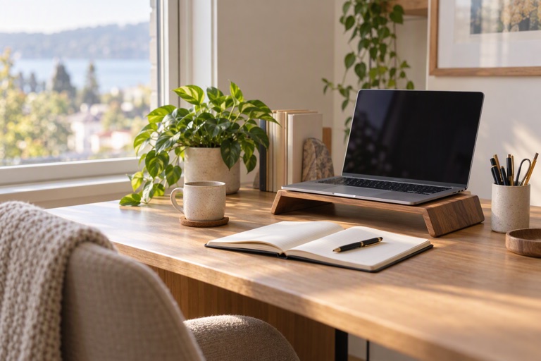 A tidy home office desk by a window with a laptop on a wooden stand, an open notebook, a pen cup and a small plant